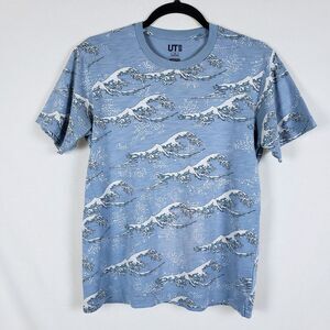 Uniqlo x Hokusai Blue T-Shirt Mens S Waves Short Sleeve Slub Cotton Japanese